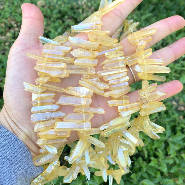 1 Strand Natural Raw Crystal Quartz Gemstone Beads, Small Drilled Stone Points, Topaz Yellow AB Titanium Coated Stone Stick, 15 Inch, GA11