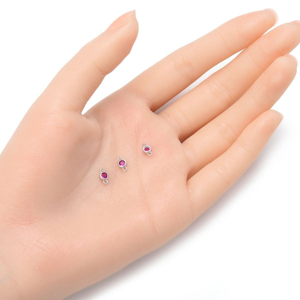 2pcs 925 Sterling Silver 4mm Tiny July Birthstone Links, Tarnish Resistant, Ruby Red Cubic Zirconia Gemstone Connector, SXP6-7