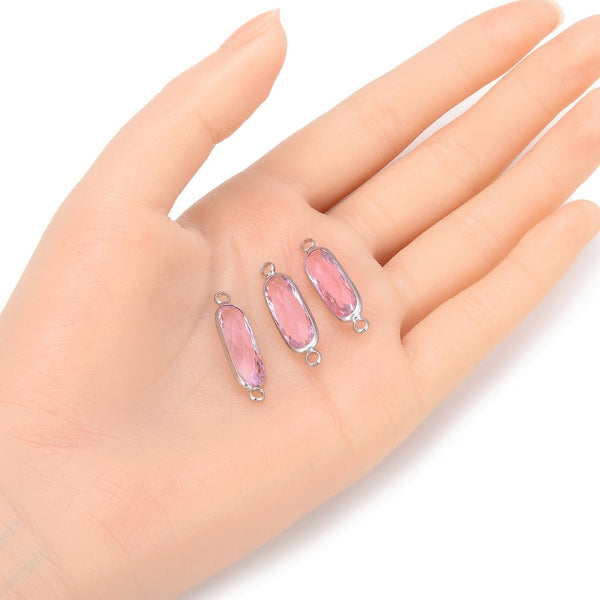 10pcs Grade A October Pink Rectangle Bar Birthstone Links, Sterling Silver Plated Brass, 21x7mm, CCP9-S10