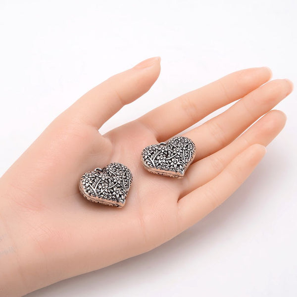 20pcs Flower Vine Symbol of Strength Heart Charms, 24.7mm Large Double Sided Heart Drop Pendants, Antique Silver, MC-D12