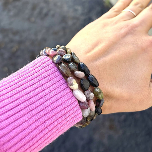 1 Strand Stretch Natural Multi-color Tourmaline Free Form Gemstone Bracelet, 7-10mm Beads, Length Selections: 7 inch/7.5 inch