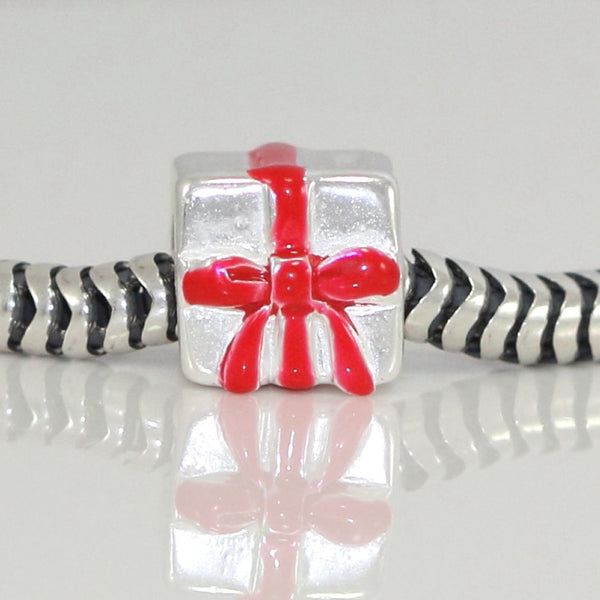 1pc Solid 925 Sterling Silver Gift Box Red Bow Bead Charm, Compatible with Pandora All Other Charm Bracelet, EC64