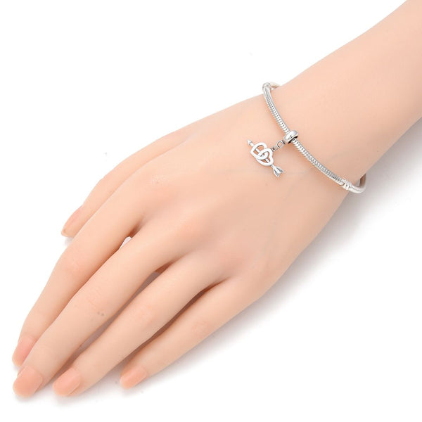 1pc Real 925 Sterling Silver Cupid Arrow Two-Heart Love Charm Pendant, Compatible with Pandora All Other Charm Bracelets, EC4-D3