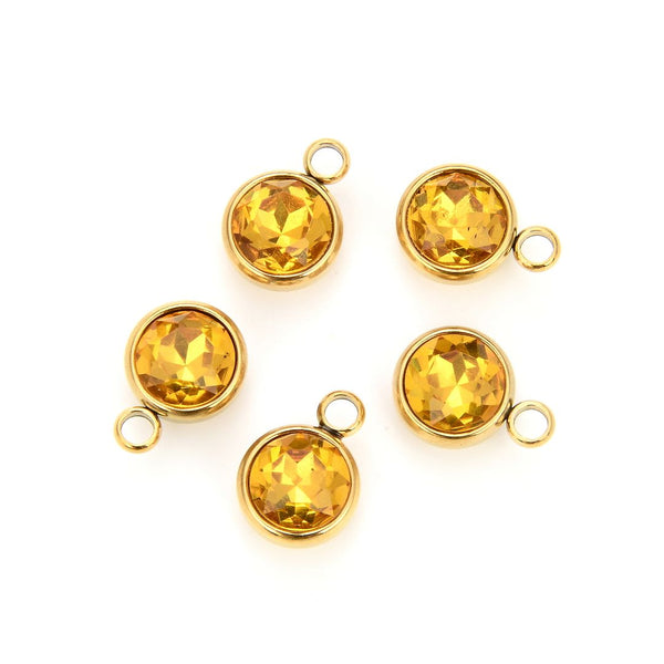 10pcs Grade A November Topaz Yellow Birthstone Charm Drops, 18K Yellow Gold Plated Stainless Steel, Tarnish Resistant, 10mm, CCP31-11