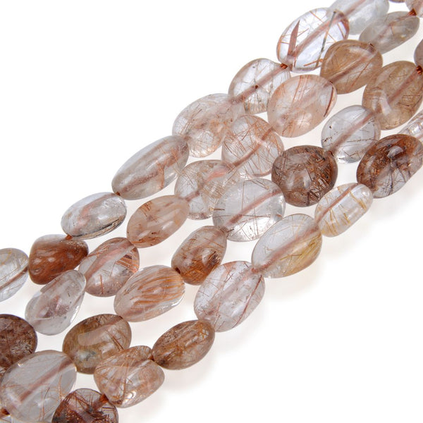 Natural Brown Copper Rutilated Quartz Gemstone Oval Tumbled Pebble Beads, Irregular, 8mm to 11mm, Hole ID 1mm, 15 Inch/1 Strand, GZ12-34