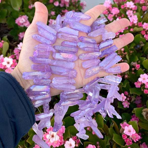 1 Strand Natural Raw Crystal Quartz Gemstone Beads, Medium Size Drilled Stone Points, Violet Tanzanite AB Titanium Coated Gem Stick, 15 Inch, GA-D9