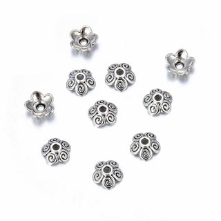 200pcs 5-Petal Flower Bead Caps, 10mm Bead End Caps, Antique Silver, MC-AB10