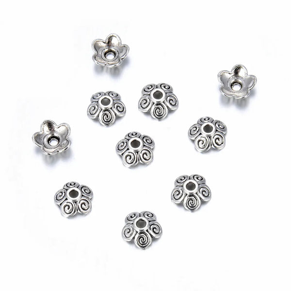 200pcs 5-Petal Flower Bead Caps, 10mm Bead End Caps, Antique Silver, MC-AB10