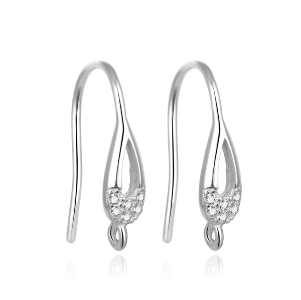 4pcs 925 Sterling Silver Fancy Teardrop Pattern Earring Hooks, 6 Cubic Zirconia CZ, Tarnish Resistant Rhodium Plated, 17mm, SS455