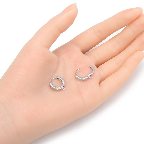 4pcs 925 Sterling Silver Fancy Round Hoop Huggie Earring Hooks, 5 Cubic Zirconia CZ, Tarnish Resistant Rhodium Plated, 14mm, SS484
