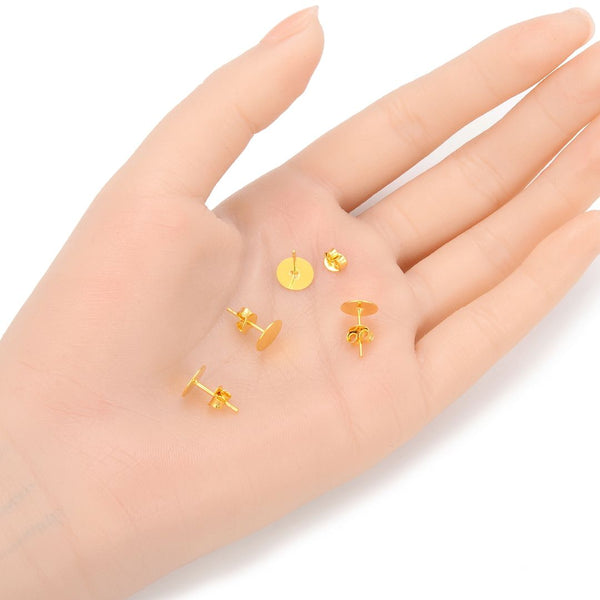 4 Pairs 925 Sterling Silver Earring Posts, 18K Yellow Gold Plated, Glue On Flat Board, 0.7mm/21 Gauge Pin, 8pcs Earring Backs, Flat Board Selections: 3/4/6/8mm