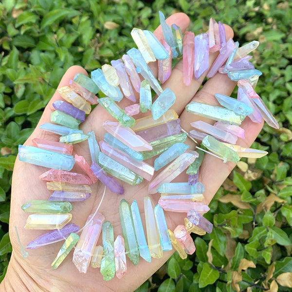 1 Strand Natural Raw Crystal Quartz Gemstone Beads, Small Drilled Stone Points, Chakra Rainbow AB Titanium Coated Stone Stick, 15 Inch, GA6