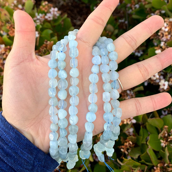 Natural Blue Aquamarine Gemstone Oval Tumbled Pebble Beads, Irregular, 8mm to 10mm, Hole ID 1mm, 15 Inch/1 Strand, GZ12-65