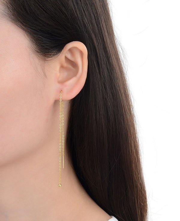 1 Pair Real 18K Yellow Gold Plated 925 Sterling Silver Threader Earrings, Pull Through Dangle Chain with Tiny 3mm Ball, Length Selections: 2/3/4/5/6 Inch