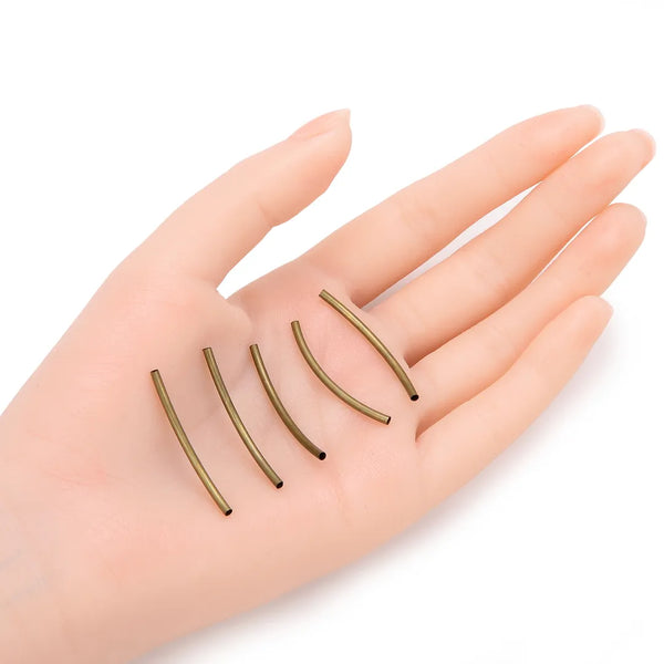 100pcs Curved Noodle Tube Beads, Antique Bronze Plated Brass, Tarnish Resistant, Hole ID 1.5mm, Size Selections: 25mm/30mm/35mm/40mm/50mm