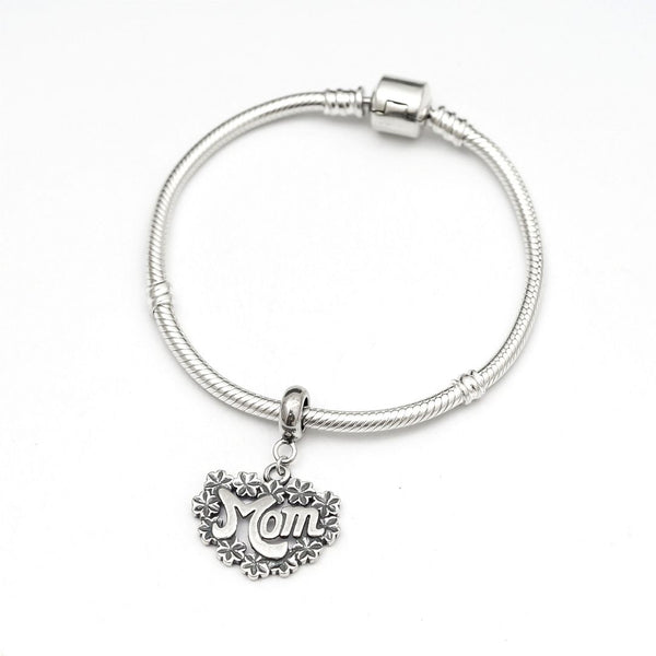 1pc Solid 925 Sterling Silver Flowers Mom's Heart of Love Bead Charm, Compatible with Pandora All Other Charm Bracelet, EC639
