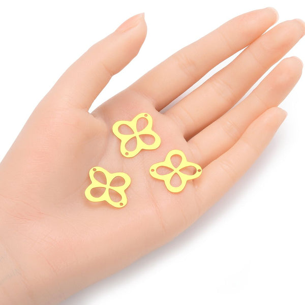 10pcs 18.5mm 2-Hole Flower Floral Beading Links, Tarnish Resistant, 18K Yellow Gold Plated Brass, BFW-B9