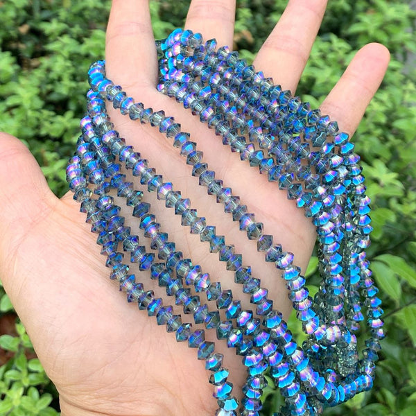 200pcs Creative Club Faceted Flat Bicone Rondelle Crystal Glass Beads #5305, Peridot Shimmer, 6x4mm Small, Hole ID 1mm, CC3R636