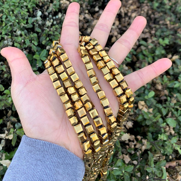 100pcs Creative Club Faceted Cube Crystal Glass Beads, Gold Aurum, 8mm, Hole ID 1mm, CCC833