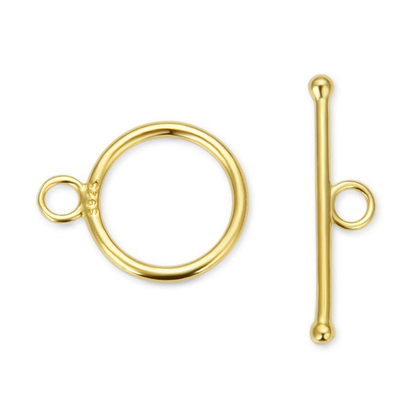 2 Sets 925 Sterling Silver Round Toggle Clasps, Real 18K Yellow Gold Plated, Size Selections: 10mm/12mm/15mm