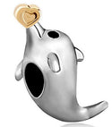 Cute Real Solid Sterling Silver Charm Dolphin with Golden Heart Bead, Compatible with Pandora...