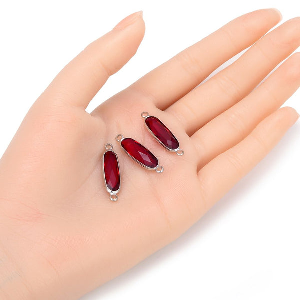 10pcs Grade A January Siam Red Rectangle Bar Birthstone Links, Sterling Silver Plated Brass, 21x7mm, CCP9-S1