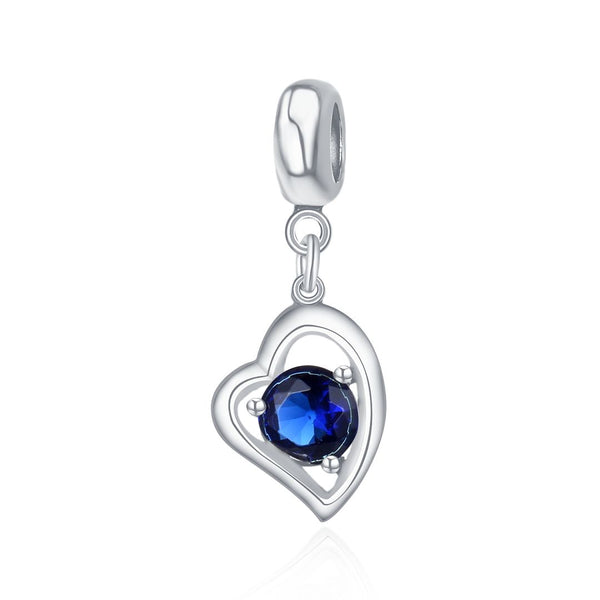 1pc 925 Sterling Silver Love Heart September Birthstone Charm Drop, Blue Sapphire Cubic Zirconia CZ, 26mm (1 inch) Long, Hole ID 4.5mm, EC1-E9