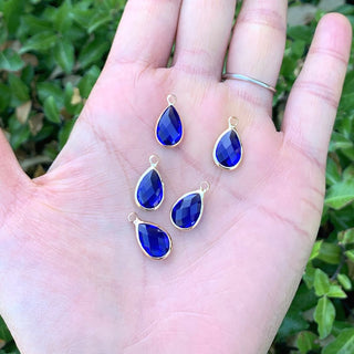 10pcs Grade A September Sapphire Blue Teardrop Birthstone Charm Drop, 18K Yellow Gold Plated Brass, Size Selections: 11x7mm, 14x8mm, 16x9mm