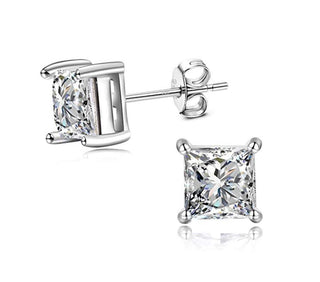 1 Pair 925 Sterling Silver Square Princess Stud Earrings, 5mm/0.5 Carat Cubic Zirconia CZ Diamond, SSE84-5