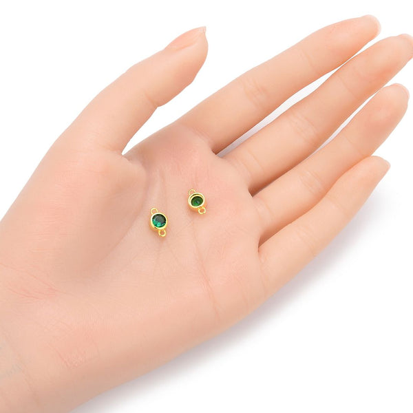 2pcs 925 Sterling Silver 6mm May Birthstone Links, Real 18K Yellow Gold Plated, Emerald Green Cubic Zirconia Gemstone Connector, SXP9-5