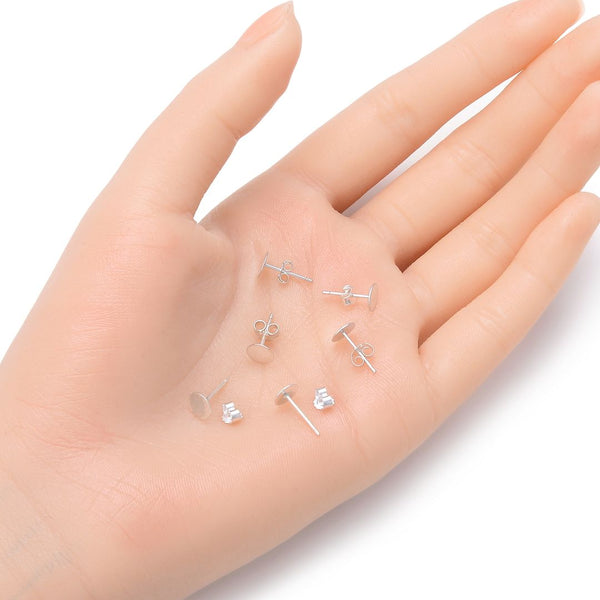 4 Pairs 925 Sterling Silver Earring Posts, Glue On Flat Board, 0.7mm/21 Gauge Pin, 8pcs Earring Backs, Flat Board Selections: 3mm/4mm/6mm/8mm
