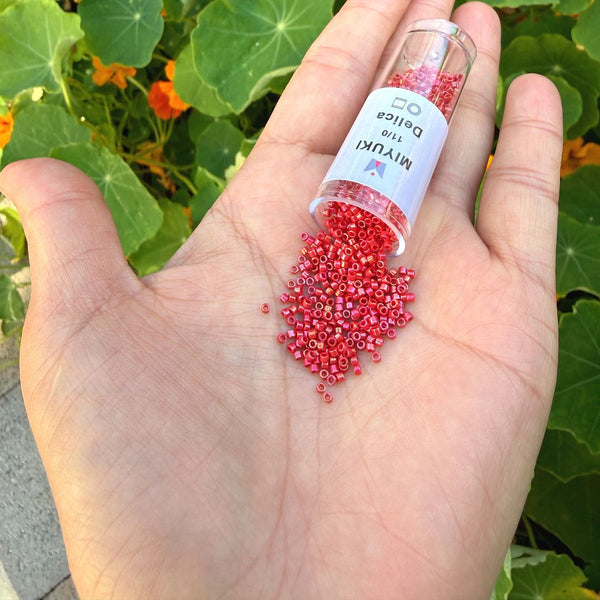 30g Miyuki Delica 11/0 Seed Beads, Opaque Rainbow Red Luster DB214