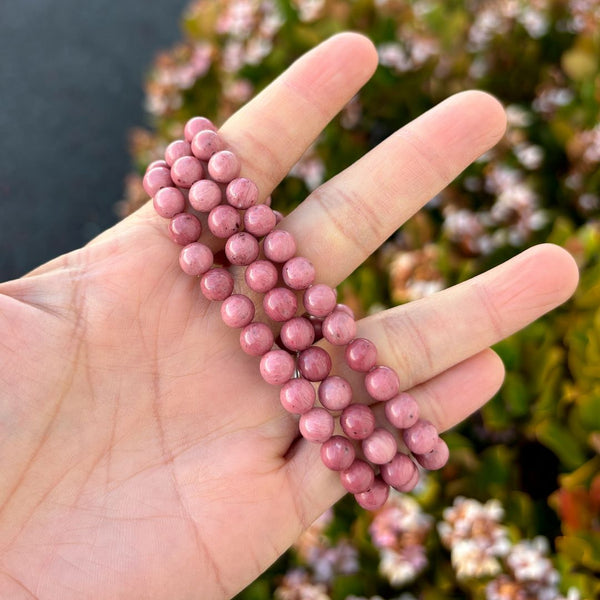 1 Strand Stretch Natural Grade A Pink Rhodonite Beaded Gemstone Bracelet, 6mm Beads, Length Selections: 7 inch/7.5 inch/8 inch