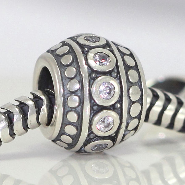 1pc 925 Sterling Silver Round April Birthstone Bead Charm, Diamond Clear Cubic Zirconia CZ, 10x8mm, Hole ID 4.5mm, EC1-F4