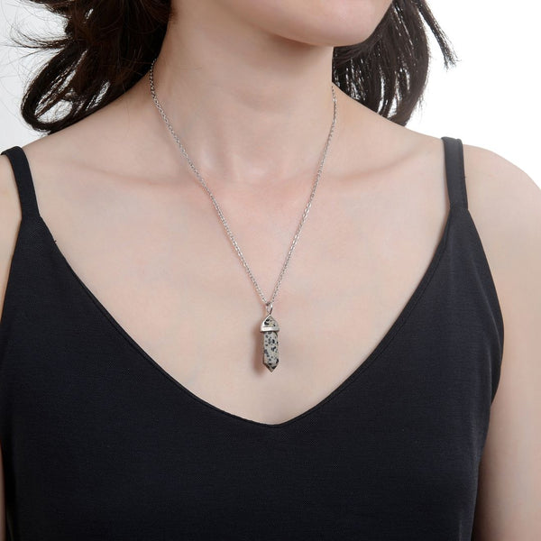 1pc Natural Dalmatian Jasper Gemstone Pendant Necklace, 18 Inch Surgical Stainless Steel Chain, GGP-C19