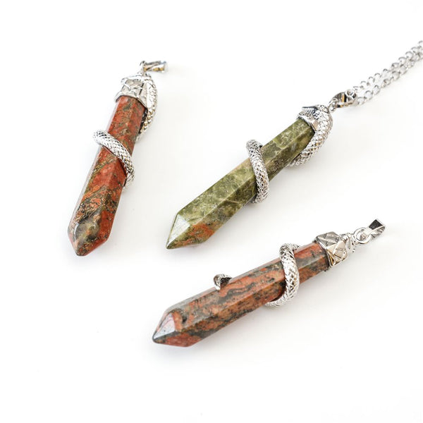 1pc Natural Unakite Jasper Hexagonal Pile Gemstone Pendant Necklace, 18 Inch Surgical Stainless Steel Chain, GGP-D9