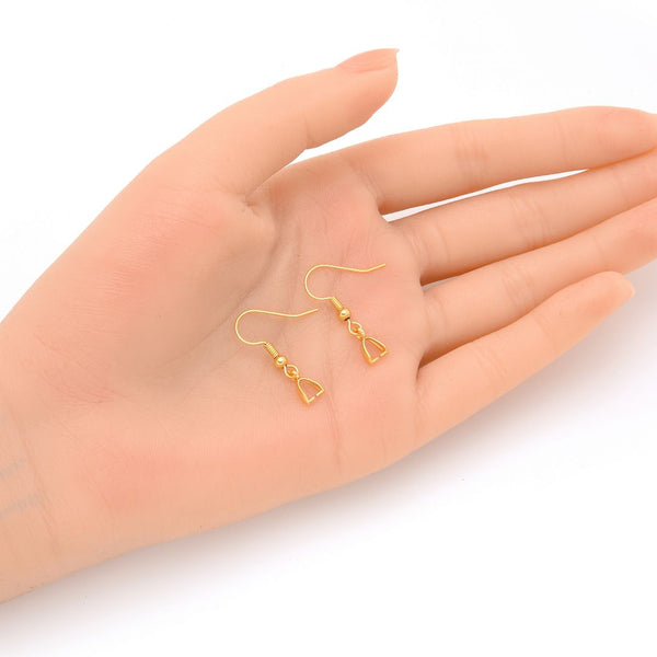 20pcs Tarnish Resistant Fish Earring Hooks, with Pinch Bails, 18K Yellow Gold Plated Brass, 26mm, BF74-2