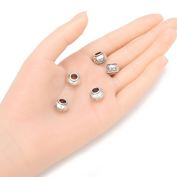 20pcs Peace Large Hole Beads, Hole ID 4.5mm,Antique Silver, Zinc Alloy Metal, MEC-C8