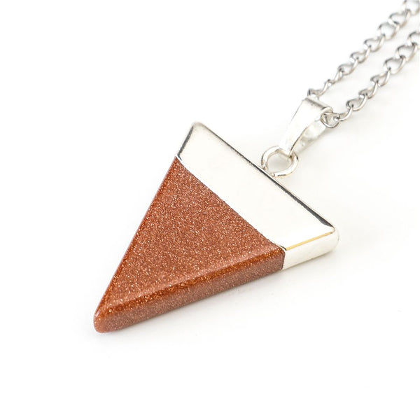 1pc Brown Goldstone Sandstone Triangle Gemstone Pendant Necklace, 18 Inch Surgical Stainless Steel Chain, GGP-A2