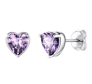 1 Pair 925 Sterling Silver February Love Heart Birthstone Stud Earrings, 6mm/0.84 Carat Cubic Zirconia CZ Purple Amethyst Stone, SSE79-2