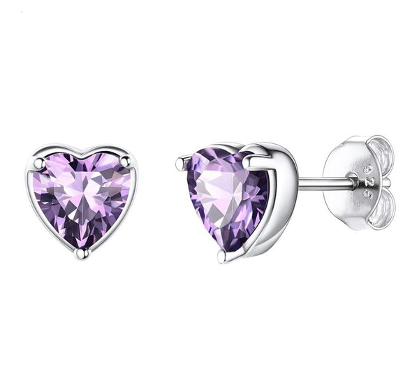 1 Pair 925 Sterling Silver February Love Heart Birthstone Stud Earrings, 6mm/0.84 Carat Cubic Zirconia CZ Purple Amethyst Stone, SSE79-2