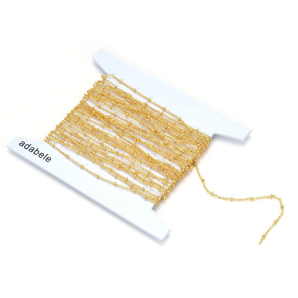 16.5 Feet Tarnish Resistant Satellite Bead Station Chain Link,  Dainty Thin Small, 18K Yellow Gold Plated Brass, 1.8mm Bead, BK5-E1