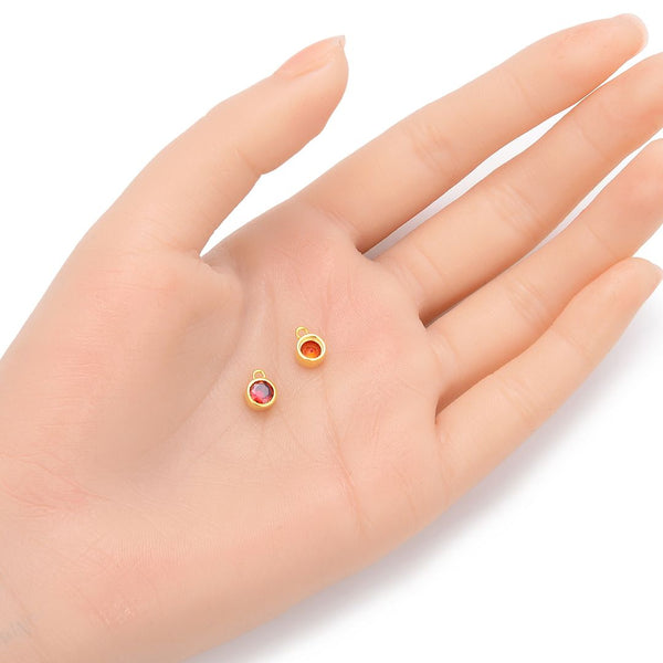 2pcs 925 Sterling Silver 6mm January Birthstone Charm Drop Pendants, Real 18K Yellow Gold Plated, Garnet Red Cubic Zirconia Gemstone, SXP7-1