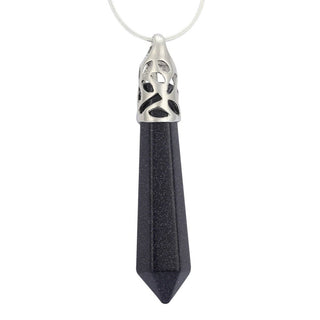 1pc Blue Goldstone Sandstone Stone Hexagonal Pile Gemstone Pendant Necklace, 26 Inch Surgical Stainless Steel Chain, GGP-BB14