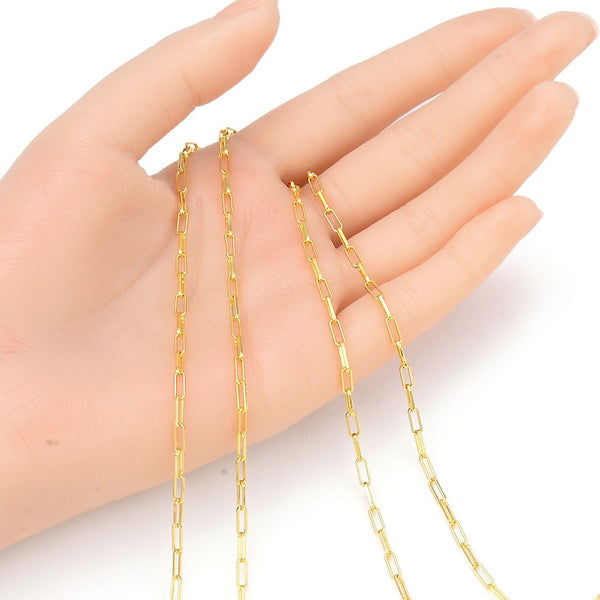 16.5 Feet Tarnish Resistant Paperclip Cable Chain Link, 18K Yellow Gold Plated Brass, Size Selections: 6.7x2.3mm, 7.4x3.4mm, 9.6x3.5mm