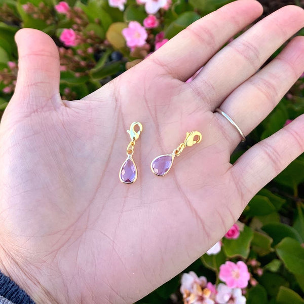 2pcs Clip On Dangle June Alexandrite Light Violet Birthstone Charm Drops, Tarnish Resistant, 18K Yellow Gold Plated Lobster Clasp, BL8-6