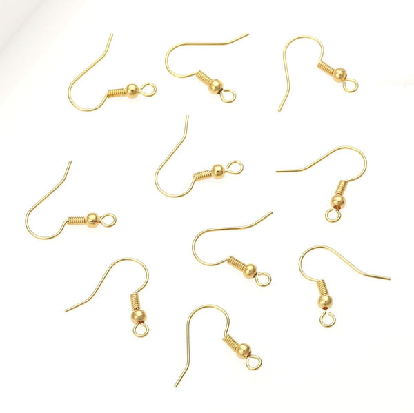 100pcs Fish Earring Hooks Ear Wire, 18K Yellow Gold Plated Brass, 0.7mm/21 Gauge, 18mm Long CF20-2