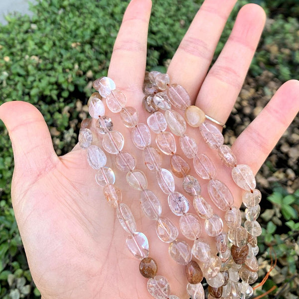 Natural Brown Copper Rutilated Quartz Gemstone Oval Tumbled Pebble Beads, Irregular, 8mm to 11mm, Hole ID 1mm, 15 Inch/1 Strand, GZ12-34