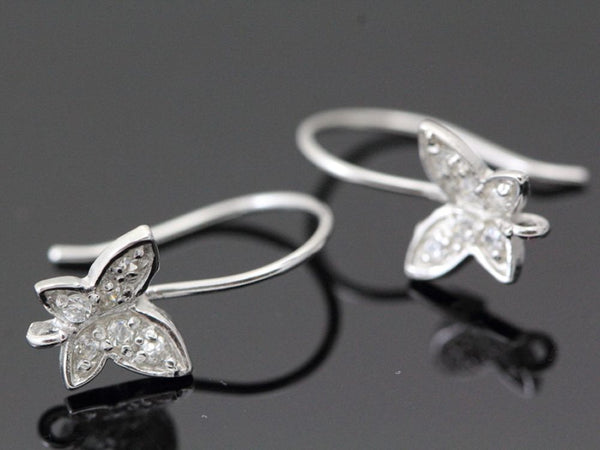 2 Pairs 925 Sterling Silver Fancy Butterfly Design Fish Earring Hooks, Cubic Zirconia CZ, Tarnish Resistant Rhodium Plated, 19mm, SS34