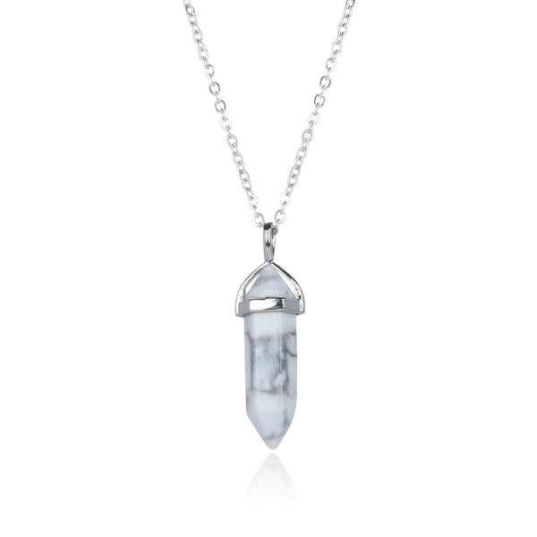 1pc Natural White Howlite Gemstone Pendant Necklace, 18 Inch Surgical Stainless Steel Chain, GGP-C6